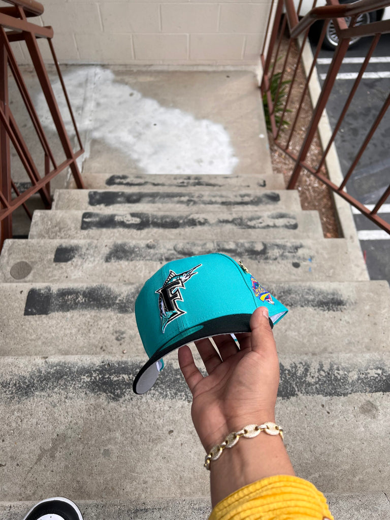NEW ERA EXCLUSIVE 59FIFTY TEAL/BLACK FLORIDA MARLINS W/ 1997 WORLD SERIES PATCH (GREY UV)