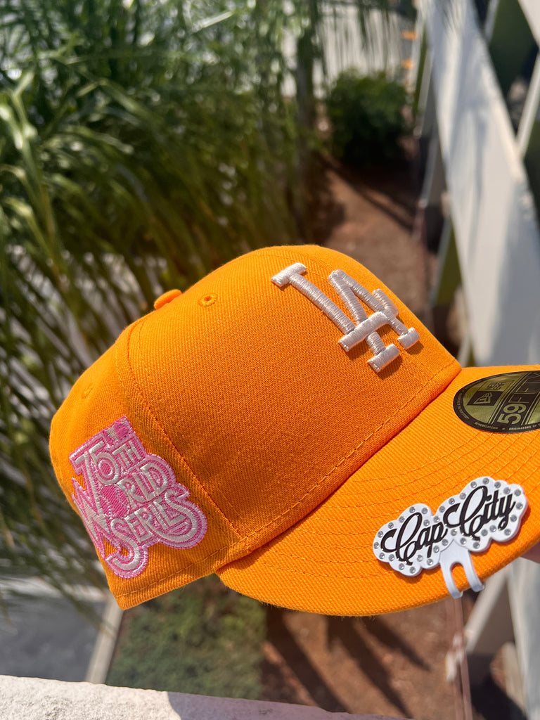 NEW ERA EXCLUSIVE 59FIFTY YELLOW LOS ANGELES DODGERS W/ 75TH WORLD SERIES PATCH (PINK UV)