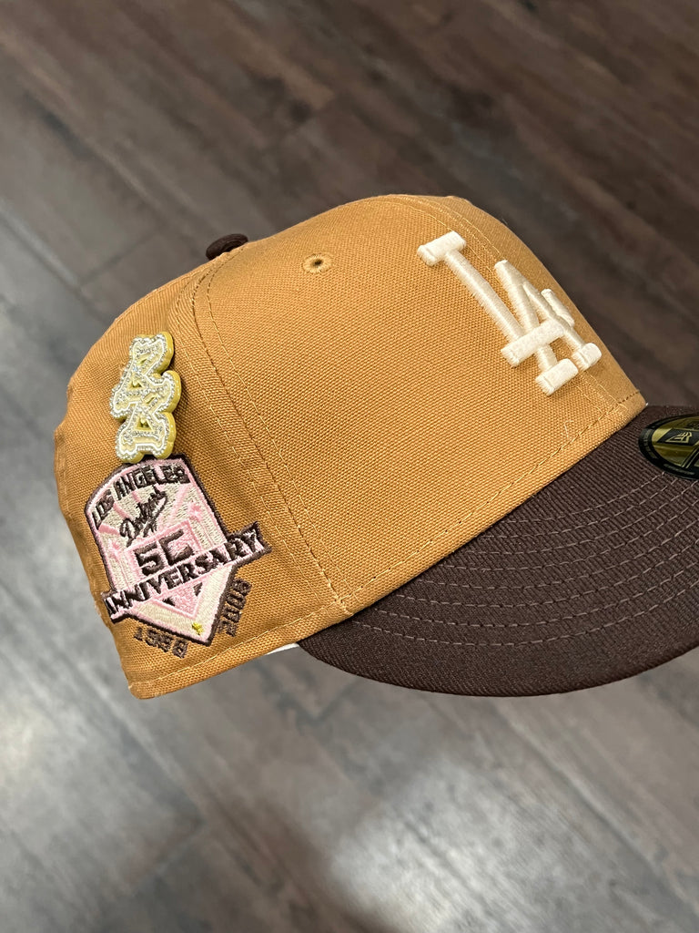 NEW ERA EXCLUSIVE 59FIFTY BROWN/WALNUT LOS ANGELES DODGERS W/ 50TH ANNIVERSARY PATCH (PINK UV)
