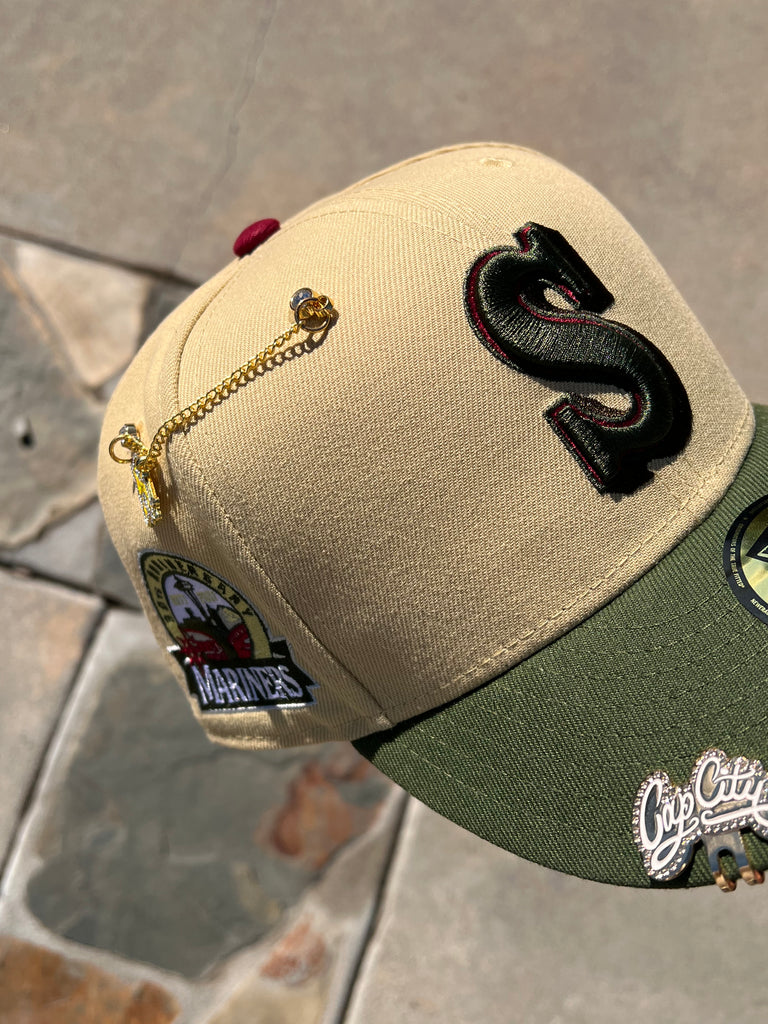 NEW ERA EXCLUSIVE 59FIFTY VEGAS GOLD/OLIVE SEATTLE MARINERS W/ 30TH ANNIVERSARY PATCH (GREY UV)